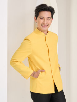 เสื้อผ้าฝ้ายแพรเงิน คอพระราชทานแขนยาว สีเหลือง ไซส์ XL