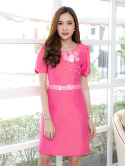 เดรสผ้าฝ้ายสุโขทัยแต่งดอกไม้ ไซส์ L