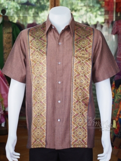 เสื้อเชิ้ตผ้าฝ้ายแต่งผ้าทอลายจก ไม่อัดผ้ากาว ไซส์ XL