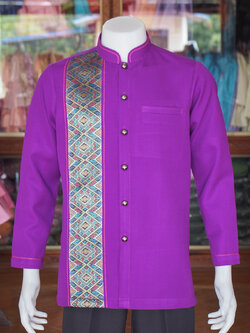 เสื้อผ้าฝ้ายสุโขทัยแต่งจก คอพระราชทานแขนยาว สีม่วง ไซส์ XL