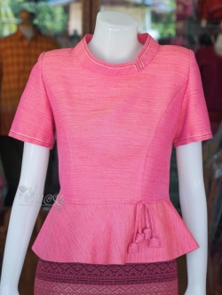 เสื้อผ้าฝ้ายสุโขทัย แต่งเดินไหม คอตั้ง สีชมพู ไซส์ M