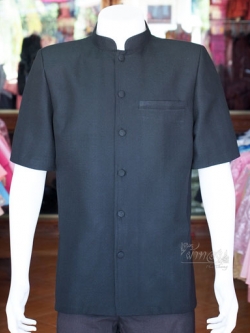 เสื้อผ้าฝ้ายทอลายลูกแก้วคอพระราชทาน สีดำ ไซส์ XS