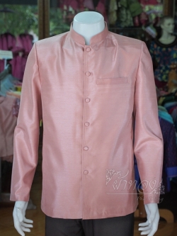 เสื้อผ้าไหมแพรทองคอพระราชทานแขนยาว สีกะปิ ไซส์ XL