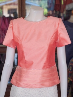 เสื้อผ้าไหมแพรทอง แต่งชายผ้าแก้ว สีโอรส ไซส์ L