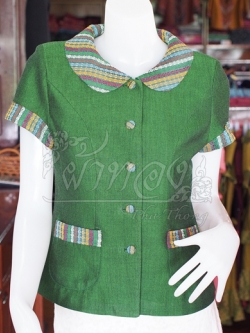 เสื้อผ้าฝ้ายสุโขทัยแต่งผ้ามุกสายรุ้ง อัดผ้ากาว สีเขียว ไซส์ M