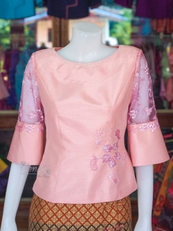 เสื้อผ้าไหมแพรทอง แต่งลูกไม้ สีกะปิ ไซส์ 3XL