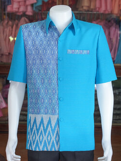 เสื้อผ้าฝ้ายแต่งลายไทย สีฟ้า ไซส์ XL