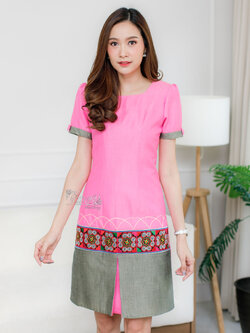 เดรสผ้าฝ้ายสุโขทัยสีชมพู แต่งลายปัก ไซส์ S