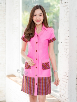 เดรสผ้าฝ้ายสุโขทัยแต่งลายมุกสายรุ้ง ไซส์ L