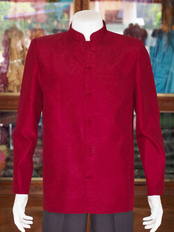 เสื้อผ้าไหมแพรทองคอพระราชทานแขนยาว สีแดงเลือดหมู ไซส์ XL