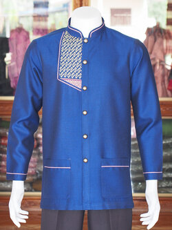 เสื้อผ้าฝ้ายสุโขทัยแต่งจกคอพระราชทานแขนยาว สีน้ำเงิน ไซส์ 2XL