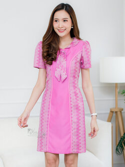 เดรสผ้าฝ้ายแต่งผ้าทอลายมัดหมี่สุโขทัย สีกลีบบัว ไซส์ L