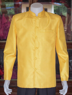 เสื้อผ้าไหมแพรทองคอพระราชทานแขนยาว สีเหลือง ไซส์ XL