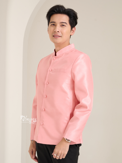 เสื้อผ้าไหมแพรทองคอพระราชทานแขนยาว สีชมพูโอรส ไซส์ XL