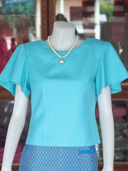 เสื้อผ้าฝ้ายสุโขทัยแต่งแขนระบาย สีฟ้า ไซส์ 5XL
