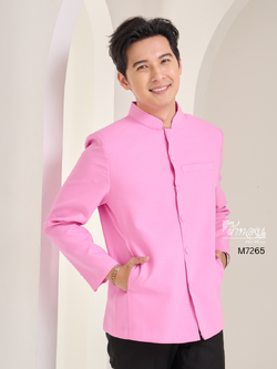 เสื้อผ้าฝ้ายแพรเงิน คอพระราชทานแขนยาว สีชมพูกลีบบัว ไซส์ XL