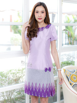 เดรสผ้าไหมแพรทอง แต่งผ้าทอลายมัดหมี่ ไซส์ 3XL