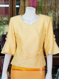 เสื้อผ้าฝ้ายสุโขทัยปักมุก สีเหลืองครีม ไซส์ S