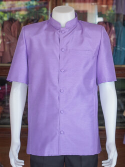 เสื้อผ้าไหมแพรทอง คอพระราชทาน สีม่วง ไซส์ 4XL
