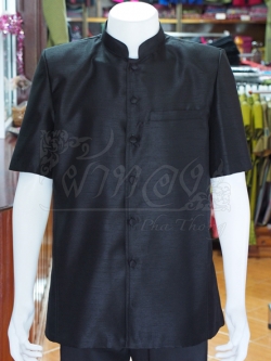 เสื้อผ้าไหมแพรทองคอพระราชทานแขนสั้น สีดำ ไซส์ L