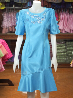 เดรสผ้าไหมแพรทอง แขนแต่งโบว์ สีฟ้า ไซส์ S