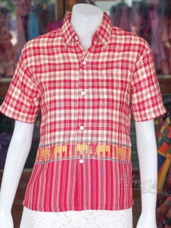 เสื้อเชิ้ตผ้าฝ้ายทอลายช้าง ไม่อัดผ้ากาว ไซส์ L