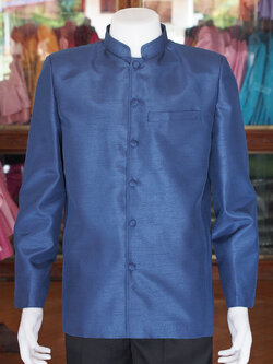 เสื้อผ้าไหมแพรทองคอพระราชทานแขนยาว สีกรมท่า ไซส์ 4XL