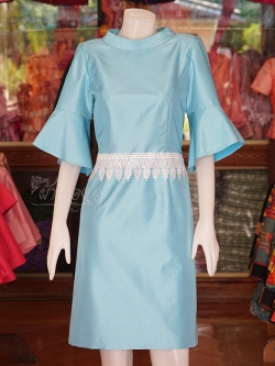 เดรสผ้าไหมแพรทอง สีฟ้า ไซส์ 2XL