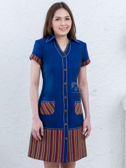 เดรสผ้าฝ้ายสุโขทัยแต่งลายมุกสายรุ้ง สีน้ำเงิน ไซส์ S