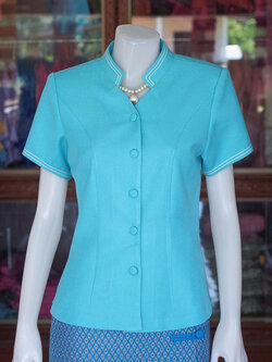 เสื้อผ้าฝ้ายสุโขทัยแต่งเดินไหม สีฟ้า ไซส์ L