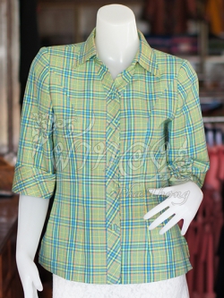 เสื้อผ้าฝ้ายทอลายสก็อต ปกเชิ้ตคอวี ไซส์ L