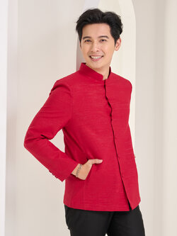 เสื้อผ้าฝ้ายแพรเงินคอพระราชทานแขนยาว สีแดง ไซส์ XL