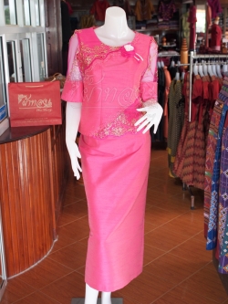 ชุดเสื้อกระโปรงผ้าไหมแพรทองแต่งลูกไม้ ไซส์ M