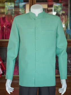 เสื้อผ้าฝ้ายแพรเงิน คอพระราชทานแขนยาว สีเขียว ไซส์ 4XL