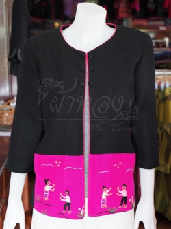 เสื้อคลุมผ้าฝ้ายสุโขทัยสีดำแต่งผ้าปักมือ ไซส์ XL