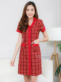 เดรสผ้าฝ้ายทอลายสก็อต มีกระเป๋า ไซส์ S