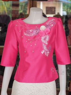 เสื้อผ้าไหมแพรทอง แต่งลูกไม้ สีบานเย็น ไซส์ L