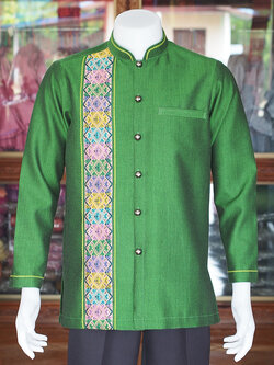 เสื้อผ้าฝ้ายสุโขทัยแต่งจก คอพระราชทานแขนยาว สีเขียว ไซส์ L