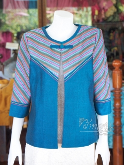 เสื้อคลุมผ้าฝ้ายสุโขทัย แต่งผ้าทอลายมุกสายรุ้ง ไซส์ M