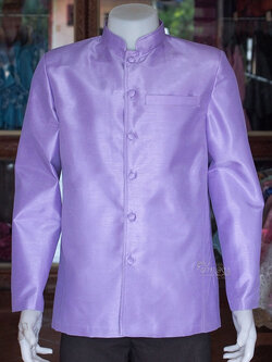 เสื้อผ้าไหมแพรทองคอพระราชทานแขนยาว สีม่วง ไซส์ 3XL