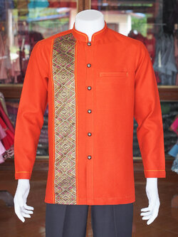 เสื้อผ้าฝ้ายสุโขทัยแต่งจก คอพระราชทานแขนยาว สีส้ม ไซส์ XL