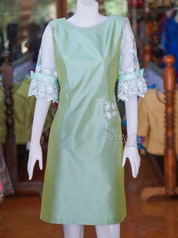 เดรสผ้าไหมแพรทองแต่งลูกไม้แขนสามส่วน ไซส์ S