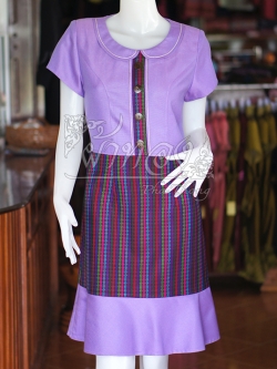 เดรสผ้าฝ้ายสุโขทัยแต่งผ้ามุกสายรุ้ง ไซส์ XL