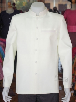 เสื้อผ้าฝ้ายแพรเงินคอพระราชทานแขนยาว สีขาวงาช้าง ไซส์ XL