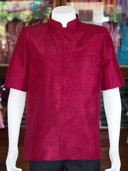 เสื้อผ้าไหมแพรทอง คอพระราชทาน สีแดงเลือดหมู ไซส์ 4XL