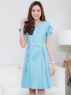 เดรสผ้าไหมแพรทอง กระโปรงจีบทวิส สีฟ้า ไซส์ L