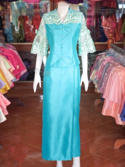 ชุดเสื้อกระโปรงผ้าไหมแพรทองแต่งลูกไม้ สีเขียวอมฟ้า ไซส์ 3XL