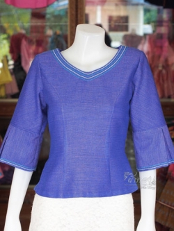 เสื้อผ้าฝ้ายสุโขทัย แต่งเดินไหม สีน้ำเงินอมม่วง ไซส์ L
