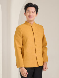 เสื้อผ้าฝ้ายแพรเงิน คอพระราชทานแขนยาว สีเหลืองทอง ไซส์ XL