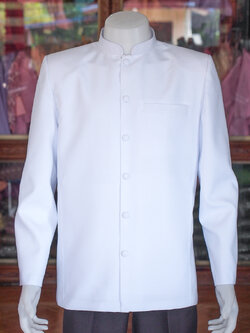 เสื้อผ้าฝ้ายแพรเงิน คอพระราชทานแขนยาว สีขาวโอโม่ ไซส์ XL